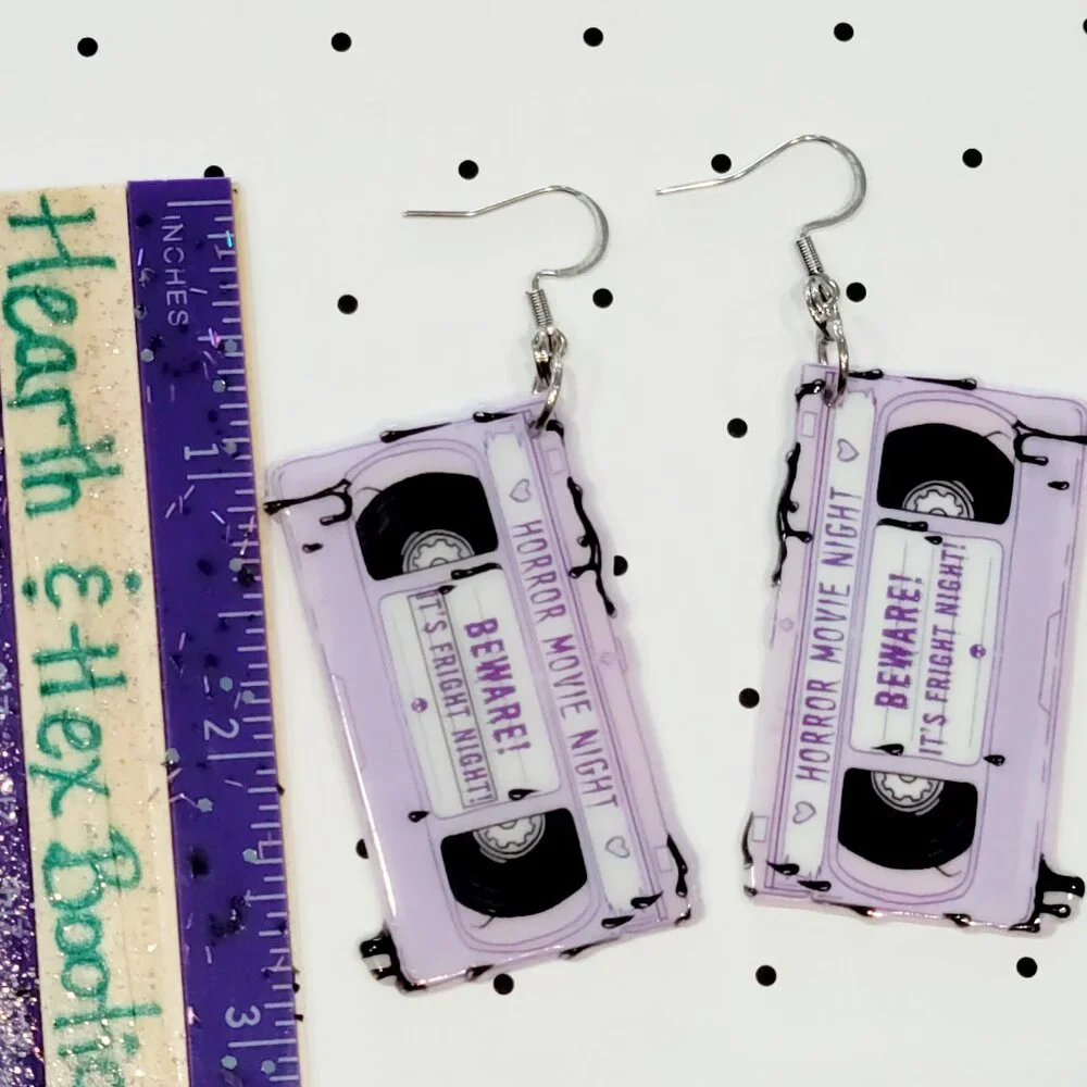 Purple VHS Scary Movie Earrings Scary Movie Horror Fight Night Stainless Hooks - Picture 3 of 4